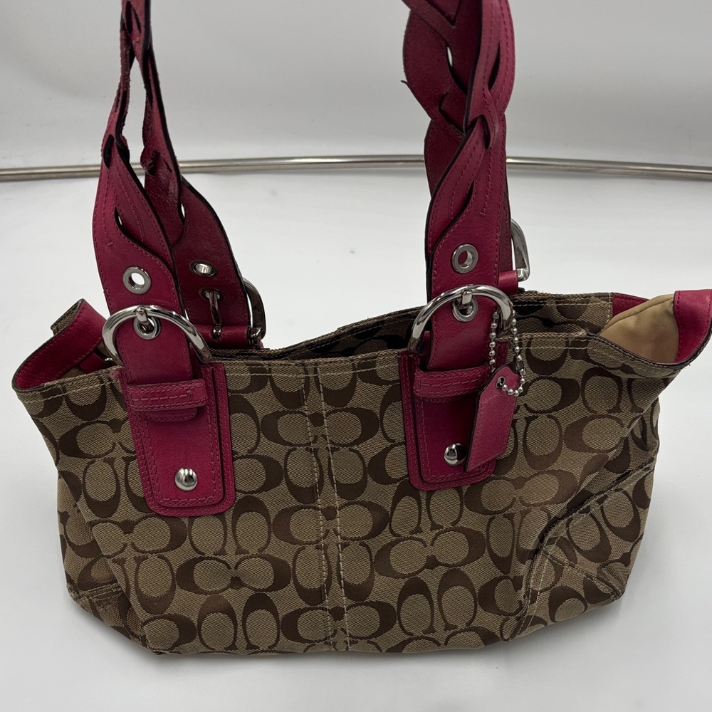 Coach Signature Brown Jaquard Canvas Pink Braided Leather Shoulder Bag